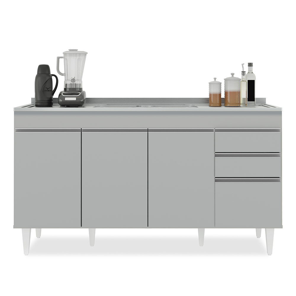 Balcão de Cozinha com Pia Inox 150cm 4 Portas Marrocos Cinza Claro - Lumil