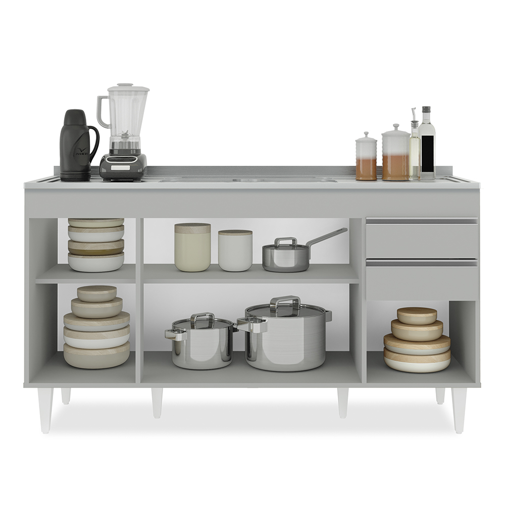 Balcão de Cozinha com Pia Inox 150cm 4 Portas Marrocos Cinza Claro - Lumil