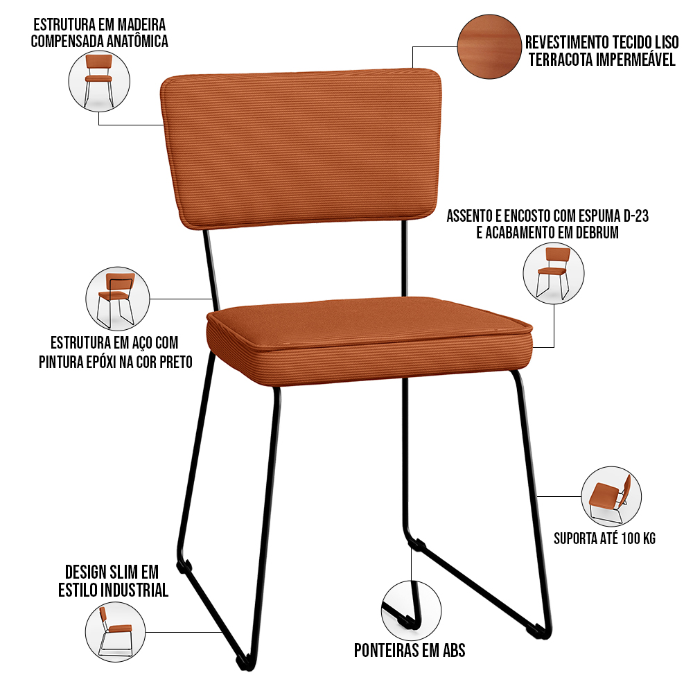 Cadeira Decorativa Estofada Para Sala De Jantar Base Em Aço Allana L02 Tecido Terracota - Lyam Decor
