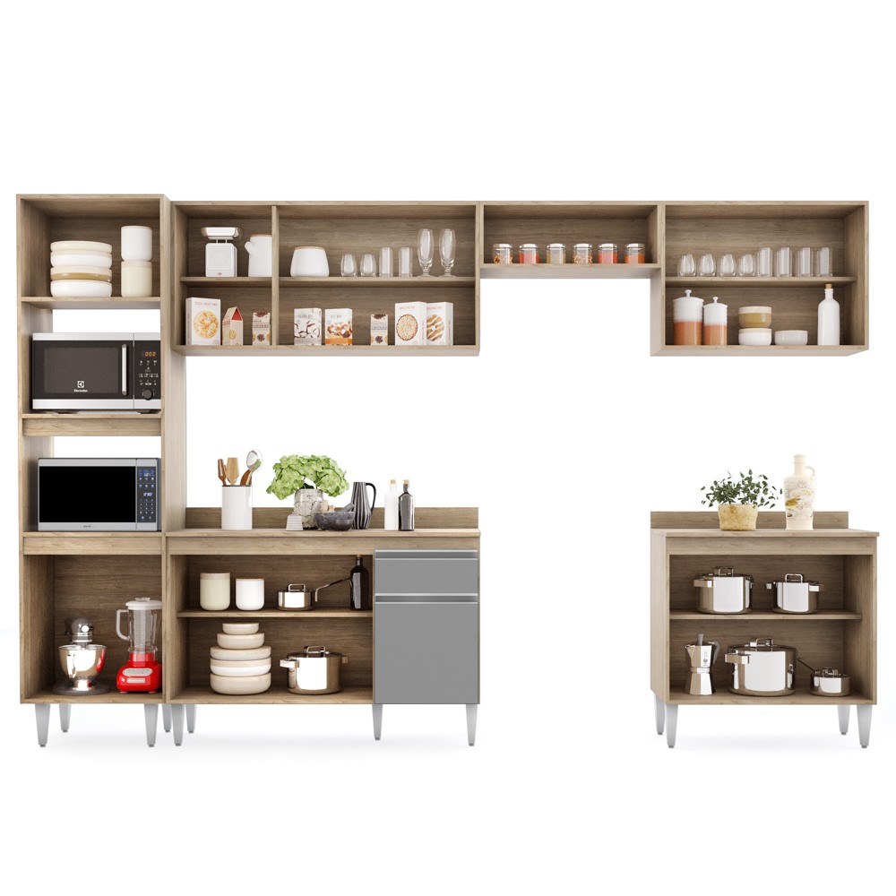Cozinha Modulada 6 Módulos Composição 8 Castanho/Cinza - Lumil Móveis