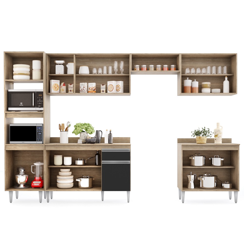 Cozinha Modulada 6 Módulos Composição 8 Castanho/Preto - Lumil Móveis