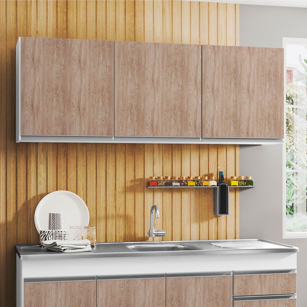 Kit 2 Armários Aéreos 150cm 3 Portas Argélia Branco/Castanho - Lumil