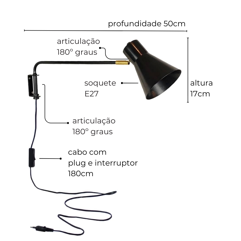 Luminária de Parede Arandela Articulada Eleonor Preta