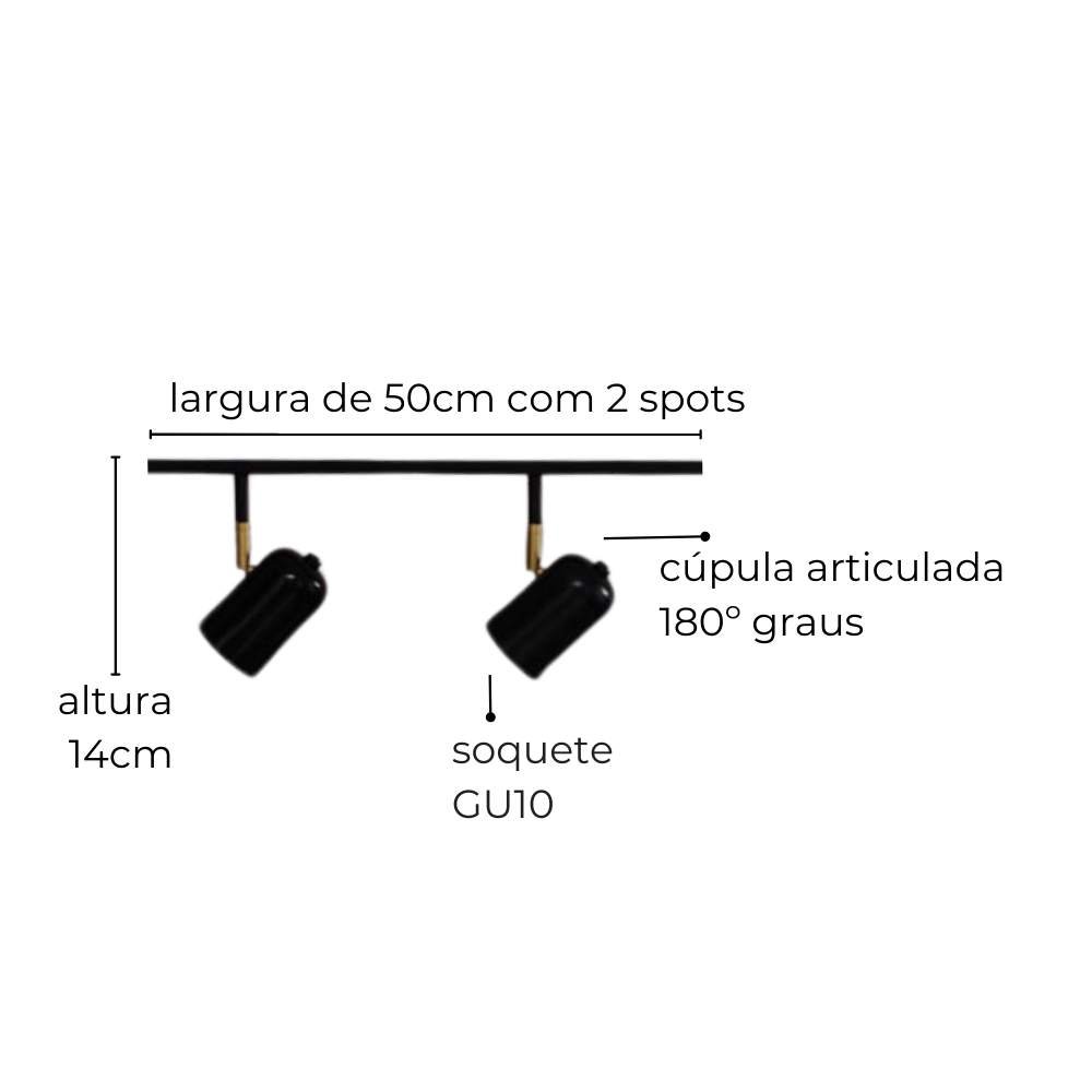 Trilho de Teto com 2 Spots Ewa Preto 50cm