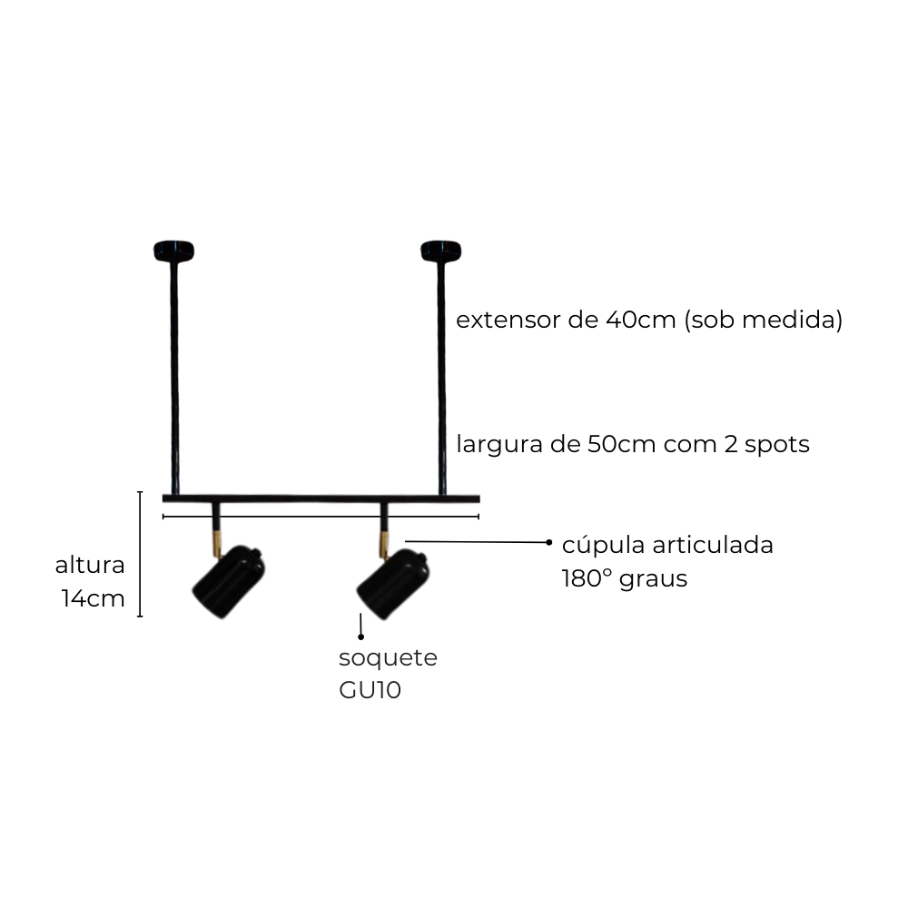 Trilho de Teto com 2 Spots Ewa Preto com Extensor 50cm