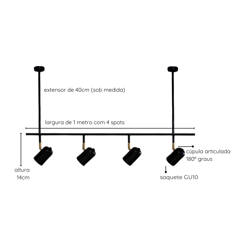Trilho de Teto com 4 Spots Ewa Preto com Extensor 1 metro
