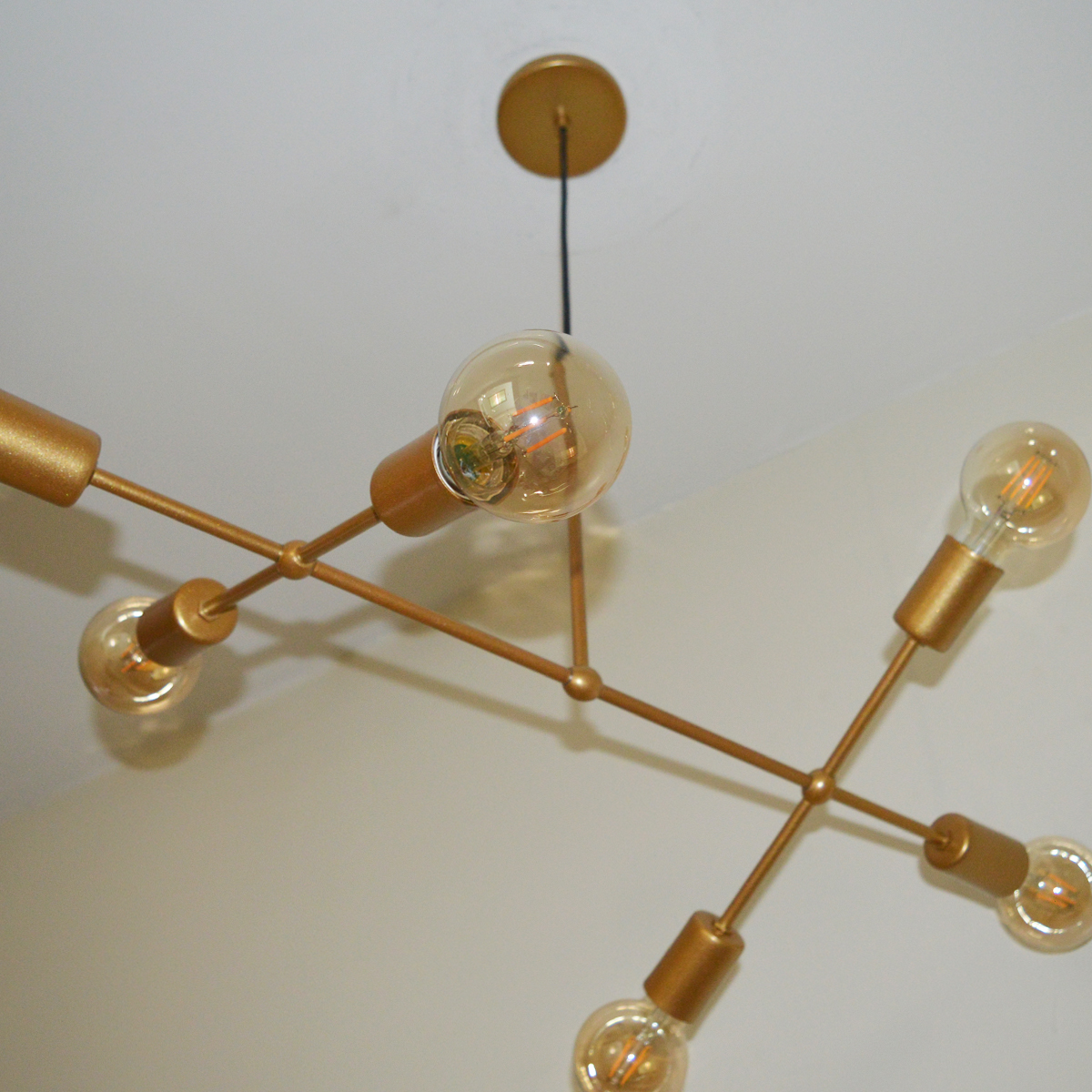 Lustre Luminária Pendente Com 6 Braços (hastes) - Ideal Mesa De Jantar Retangular, Sala - Cor Dourado