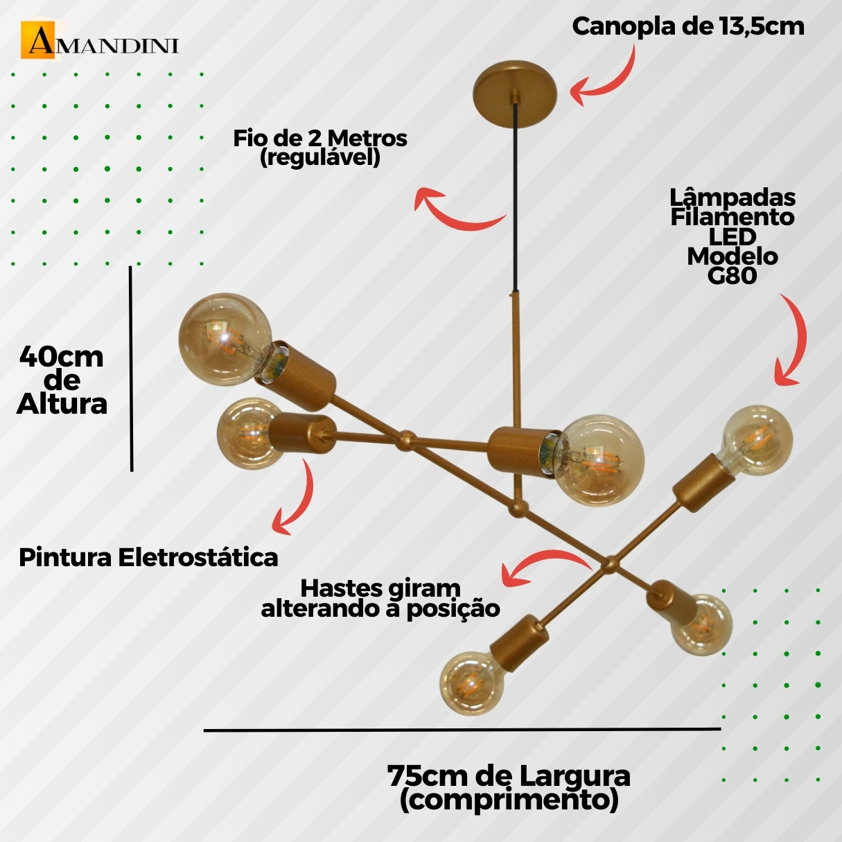 Lustre Luminária Pendente Com 6 Braços (hastes) - Ideal Mesa De Jantar Retangular, Sala - Cor Dourado