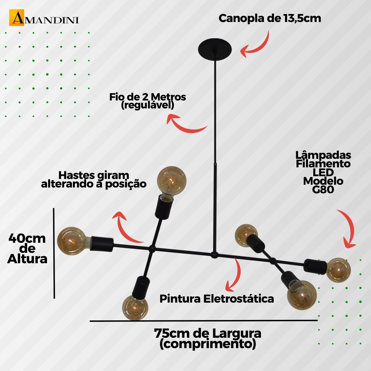 Lustre Luminária Pendente Com 6 Braços (hastes) - Ideal Mesa De Jantar Retangular, Sala - Cor Preto