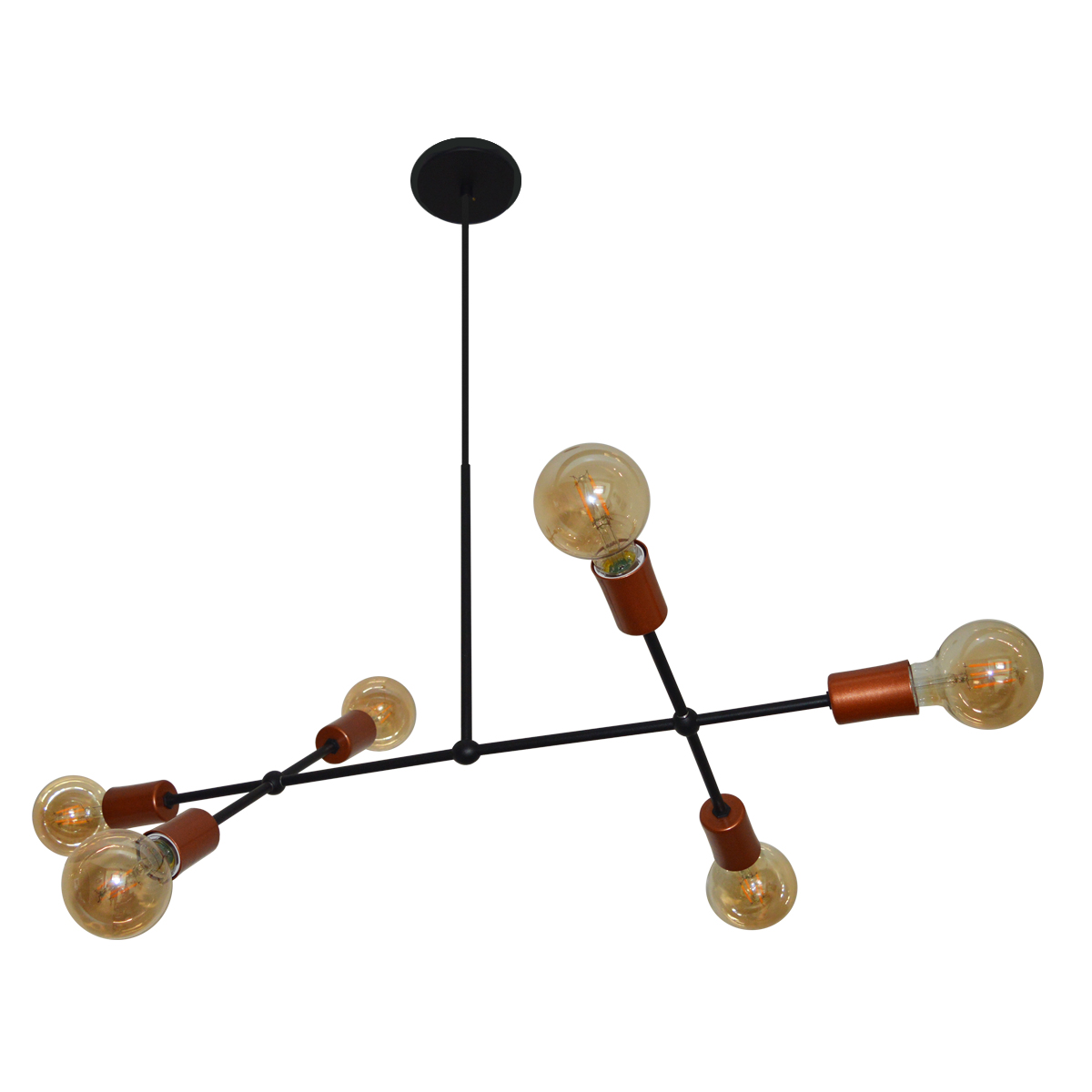 Lustre Luminária Pendente Com 6 Braços (hastes) - Ideal Mesa De Jantar Retangular, Sala - Cor Preto com Cobre