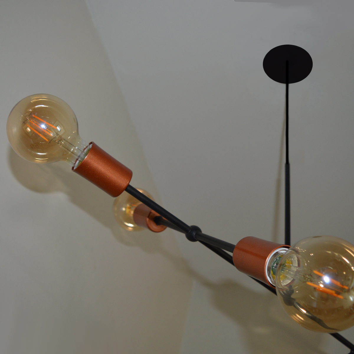 Lustre Luminária Pendente Com 6 Braços (hastes) - Ideal Mesa De Jantar Retangular, Sala - Cor Preto com Cobre