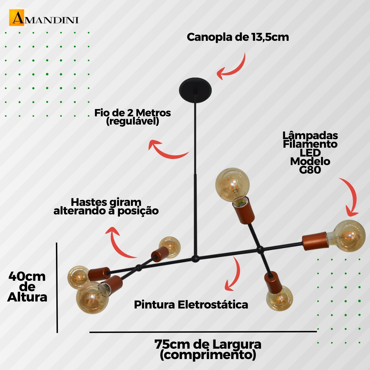 Lustre Luminária Pendente Com 6 Braços (hastes) - Ideal Mesa De Jantar Retangular, Sala - Cor Preto com Cobre