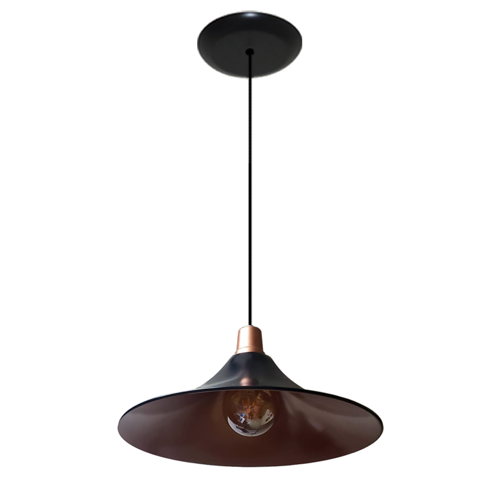 Lustre Luminária Pendente Modelo Chapéu na cor Preto Com Cobre - Ideal para Mesa De Jantar, Sinuca, Sala, Quarto