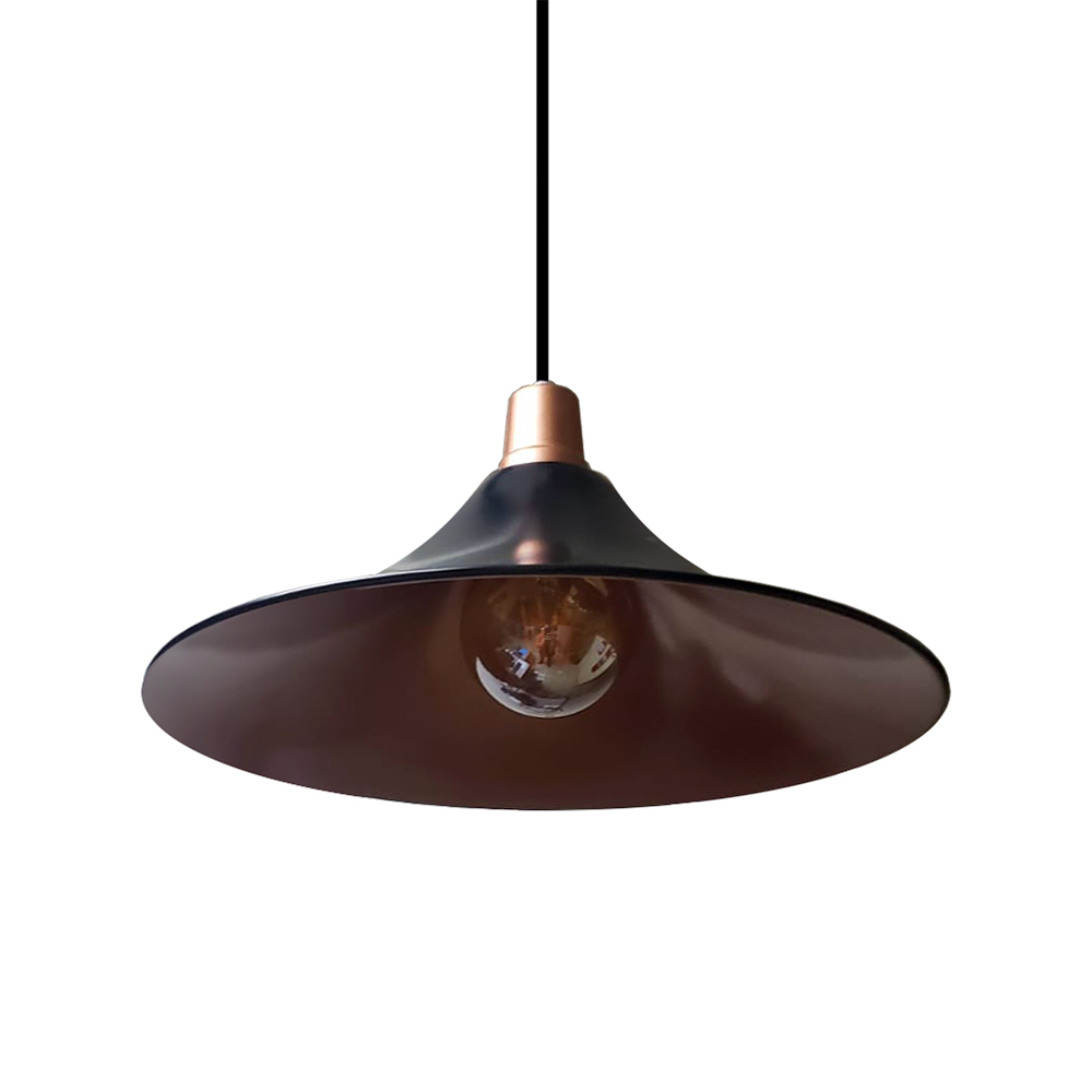 Lustre Luminária Pendente Modelo Chapéu na cor Preto Com Cobre - Ideal para Mesa De Jantar, Sinuca, Sala, Quarto