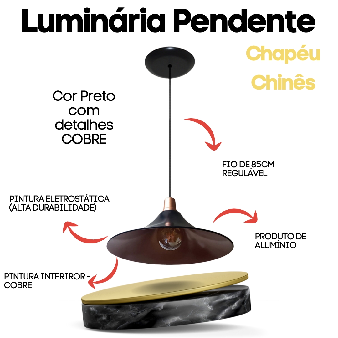 Lustre Luminária Pendente Modelo Chapéu na cor Preto Com Cobre - Ideal para Mesa De Jantar, Sinuca, Sala, Quarto