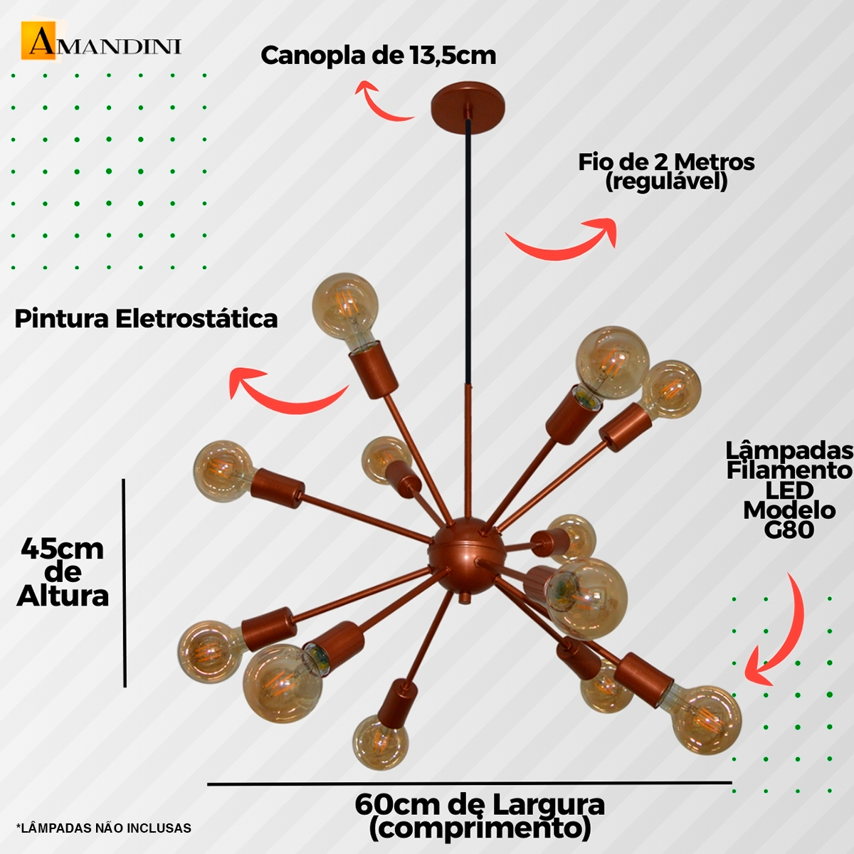 Lustre Luminária Pendente com 12 Hastes Modelo Sputinik - Ideal para Mesa Jantar, Sala, Quarto - Cor Cobre