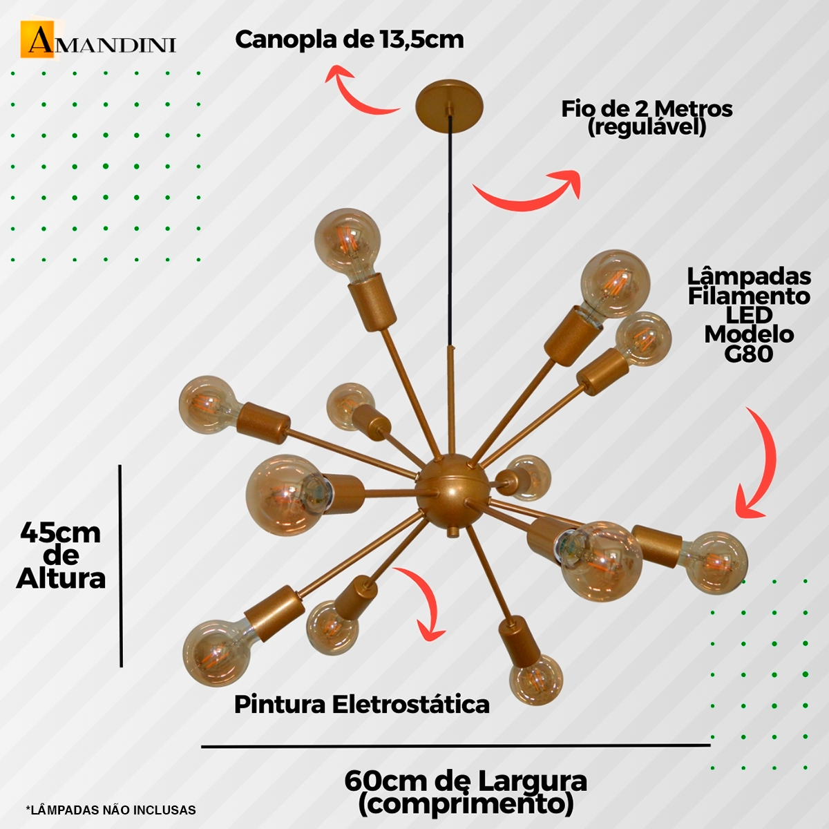 Lustre Luminária Pendente com 12 Hastes Modelo Sputinik - Ideal para Mesa Jantar, Sala, Quarto - Cor Dourado