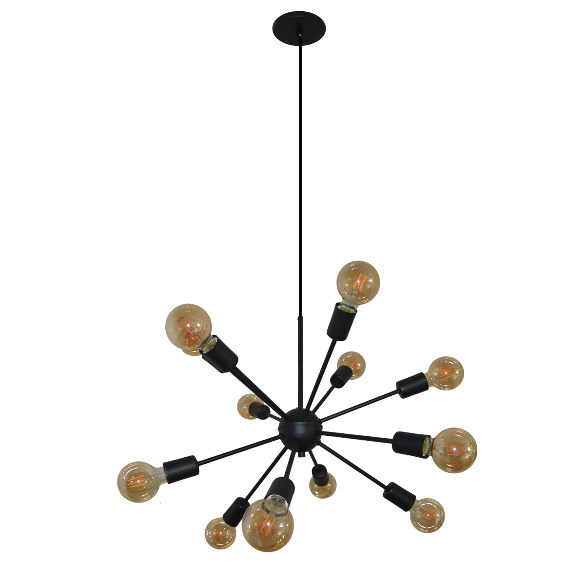 Lustre Luminária Pendente com 12 Hastes Modelo Sputinik - Ideal para Mesa Jantar, Sala, Quarto - Cor Preto
