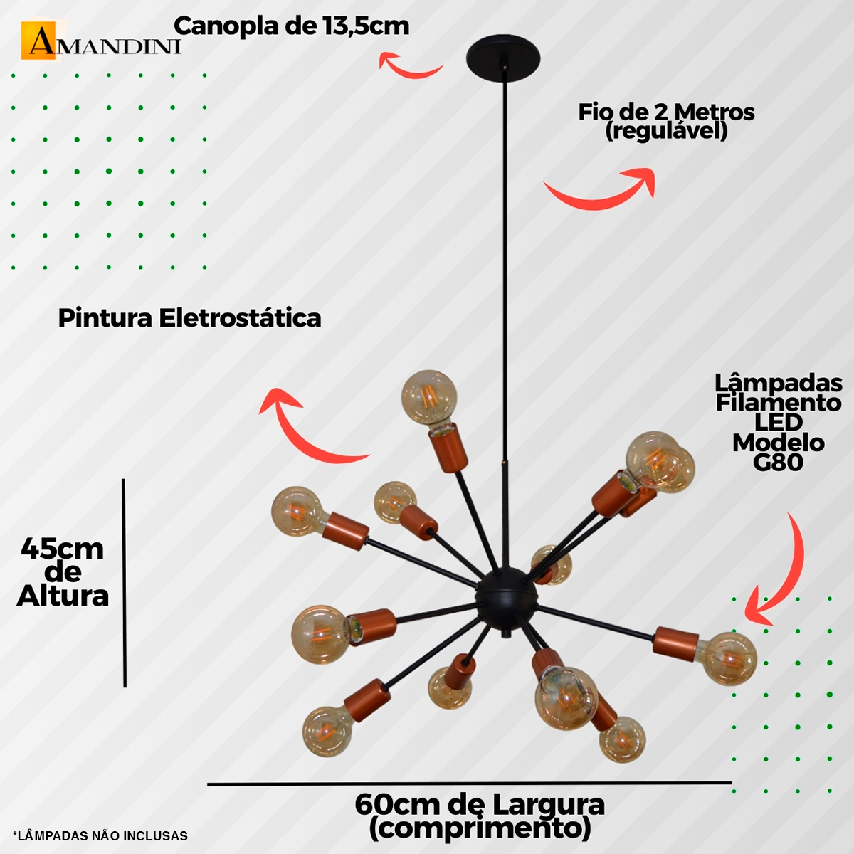 Lustre Luminária Pendente com 12 Hastes Modelo Sputinik - Ideal para Mesa Jantar, Sala, Quarto - Cor Preto com Cobre