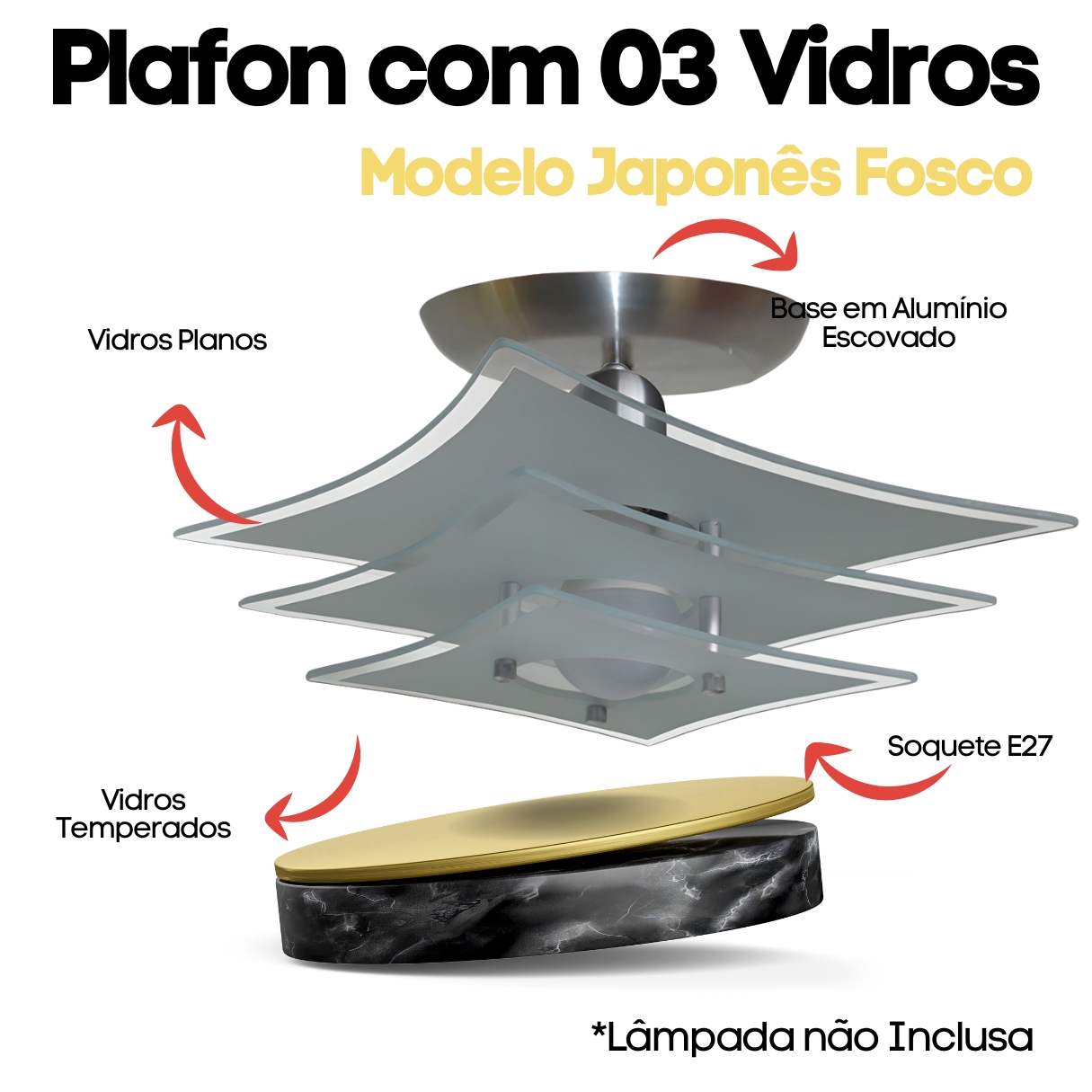 Lustre Luminária Plafon Japonês com 03 Vidros na cor Branco (Fosco) Ideal para Sala, Quarto, Cozinha, Banheiro - 30cm