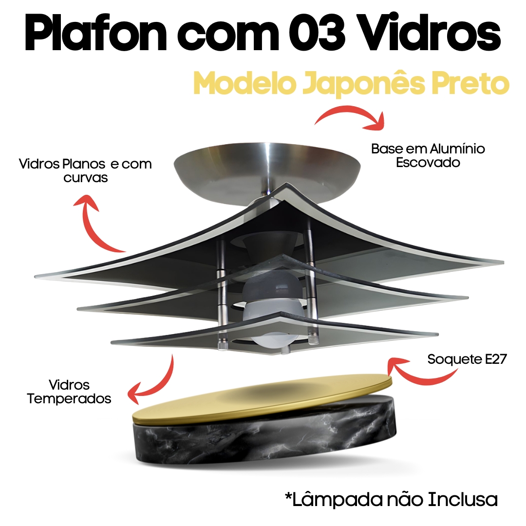 Lustre Luminária Plafon Japonês com 03 Vidros na cor Preto Ideal para Sala, Quarto, Cozinha, Banheiro - 30cm