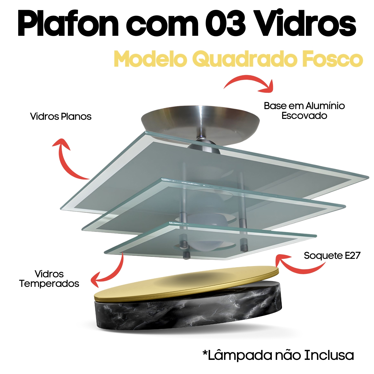 Lustre Luminária Plafon Quadrado com 03 Vidros na cor Branco (Fosco) Ideal para Sala, Quarto, Cozinha, Banheiro - 30cm