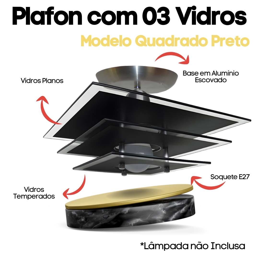 Lustre Luminária Plafon Quadrado com 03 Vidros na cor Preto Ideal para Sala, Quarto, Cozinha, Banheiro - 30cm