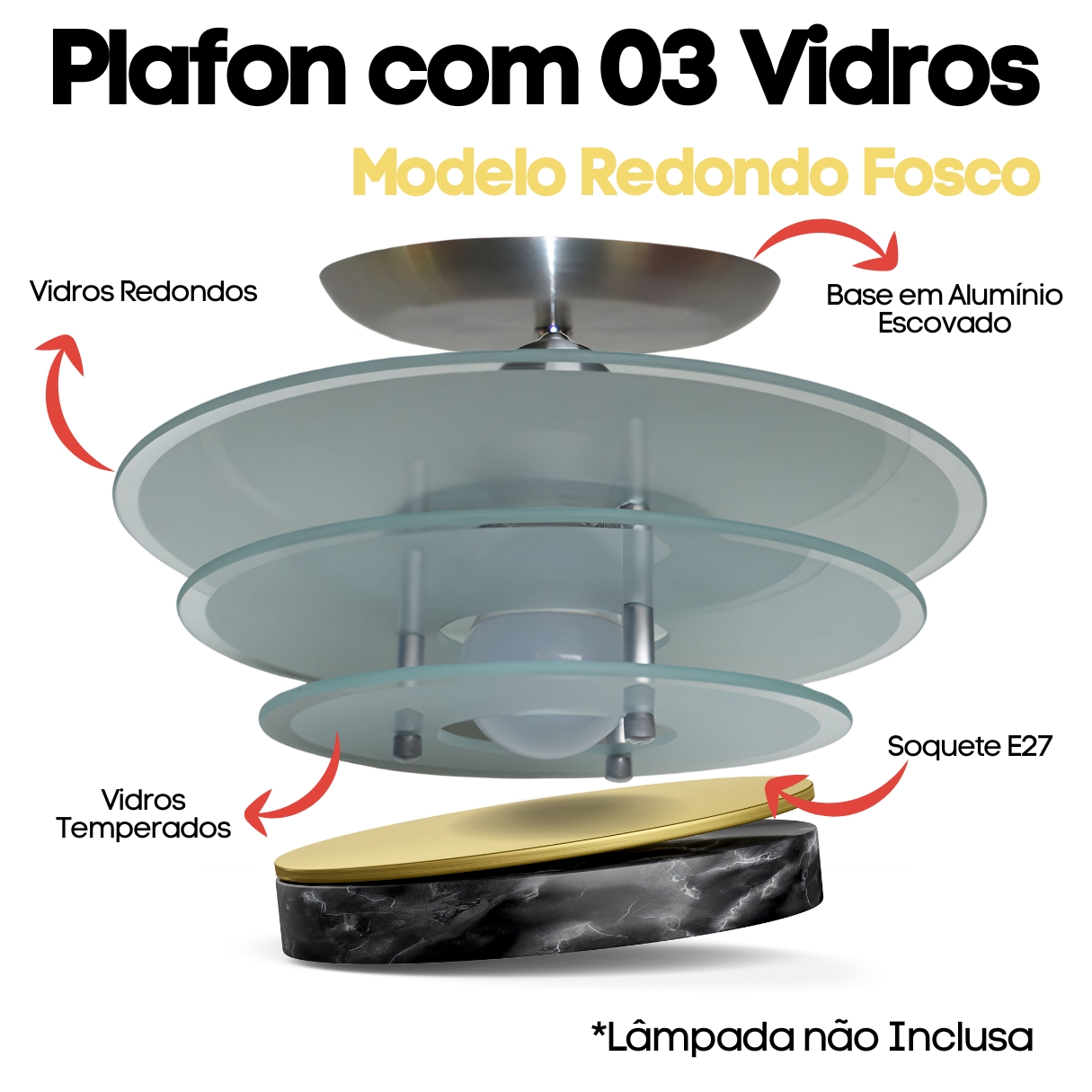Lustre Luminária Plafon Redondo com 03 Vidros na cor Branco (Fosco) Ideal para Sala, Quarto, Cozinha, Banheiro - 30cm