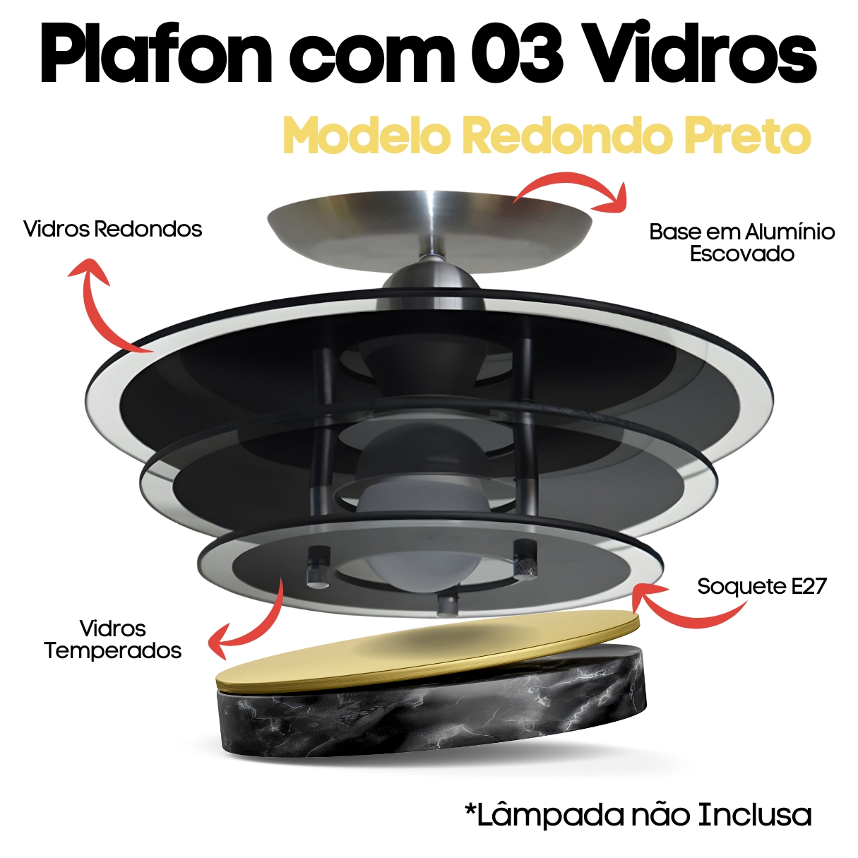 Lustre Luminária Plafon Redondo com 03 Vidros na cor Preto Ideal para Sala, Quarto, Cozinha, Banheiro - 30cm