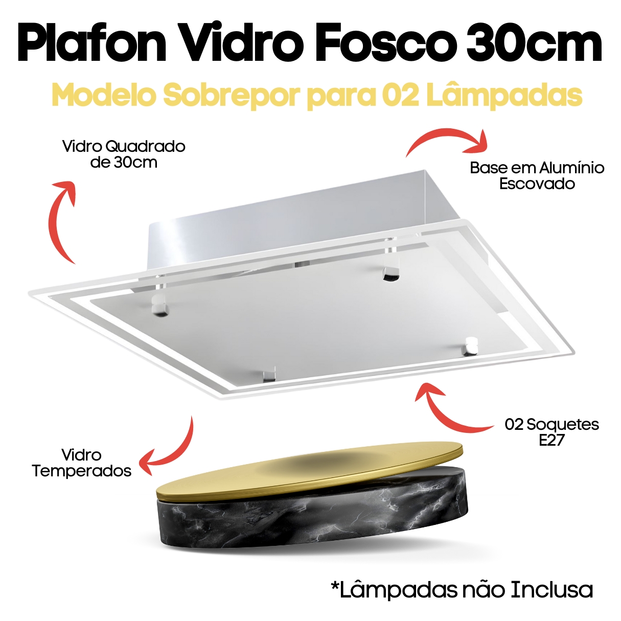 Lustre Luminária Plafon de Vidro Fosco sobrepor para 02 Lâmpadas Quadrado 30cm - Ideal para Sala, Quarto, Cozinha, Banheiro, Lavanderia, Quintal