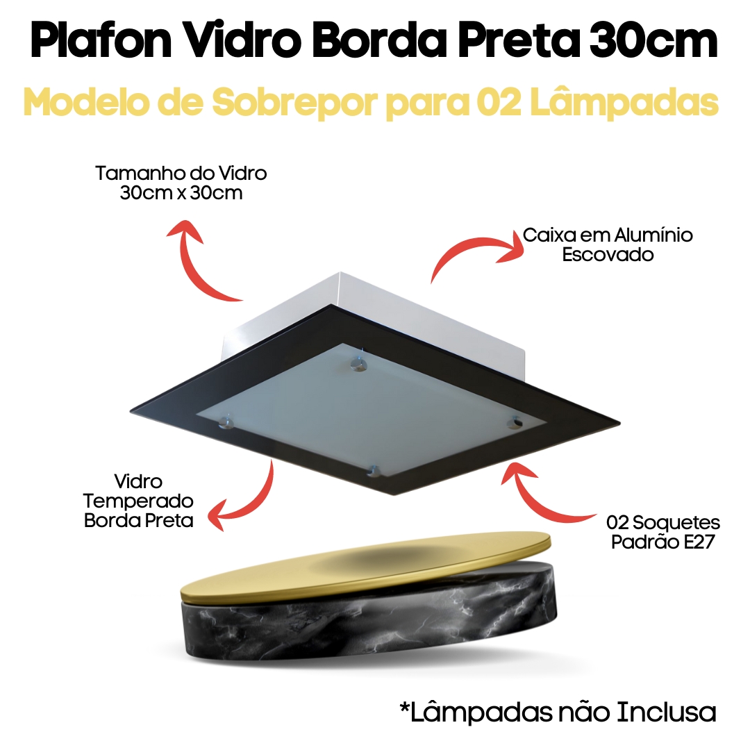 Lustre Luminária Plafon de Vidro Preto sobrepor para 02 Lâmpadas Quadrado 30cm - Ideal para Sala, Quarto, Cozinha, Banheiro, Lavanderia, Quintal