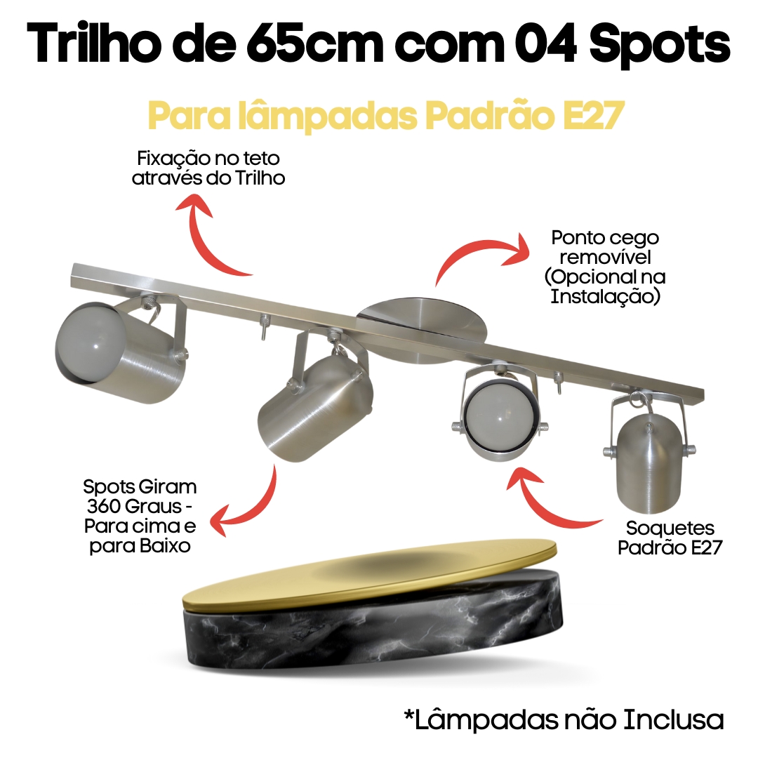 Trilho de 65cm com 04 Spots para 04 lâmpadas padrão E27 - Ideal para Sala, Quarto, Cozinha, Comércio - Bivolt 110v/220v - Alumínio Escovado