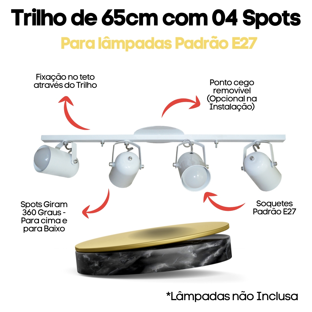 Trilho de 65cm com 04 Spots para 04 lâmpadas padrão E27 - Ideal para Sala, Quarto, Cozinha, Comércio - Bivolt 110v/220v - Branco