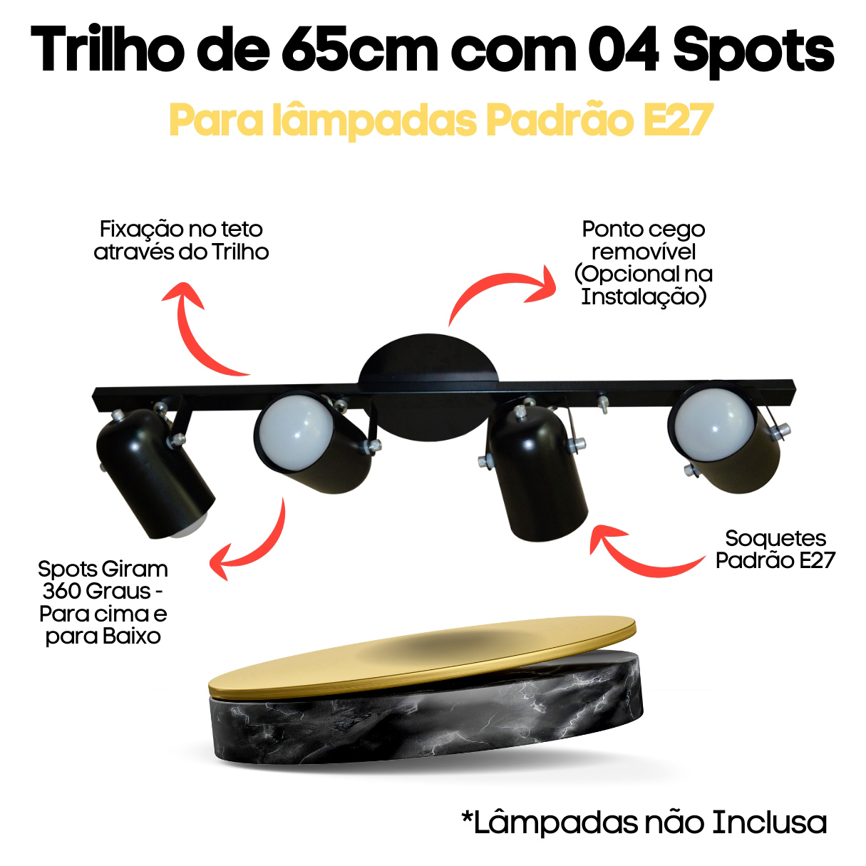 Trilho de 65cm com 04 Spots para 04 lâmpadas padrão E27 - Ideal para Sala, Quarto, Cozinha, Comércio - Bivolt 110v/220v - Preto