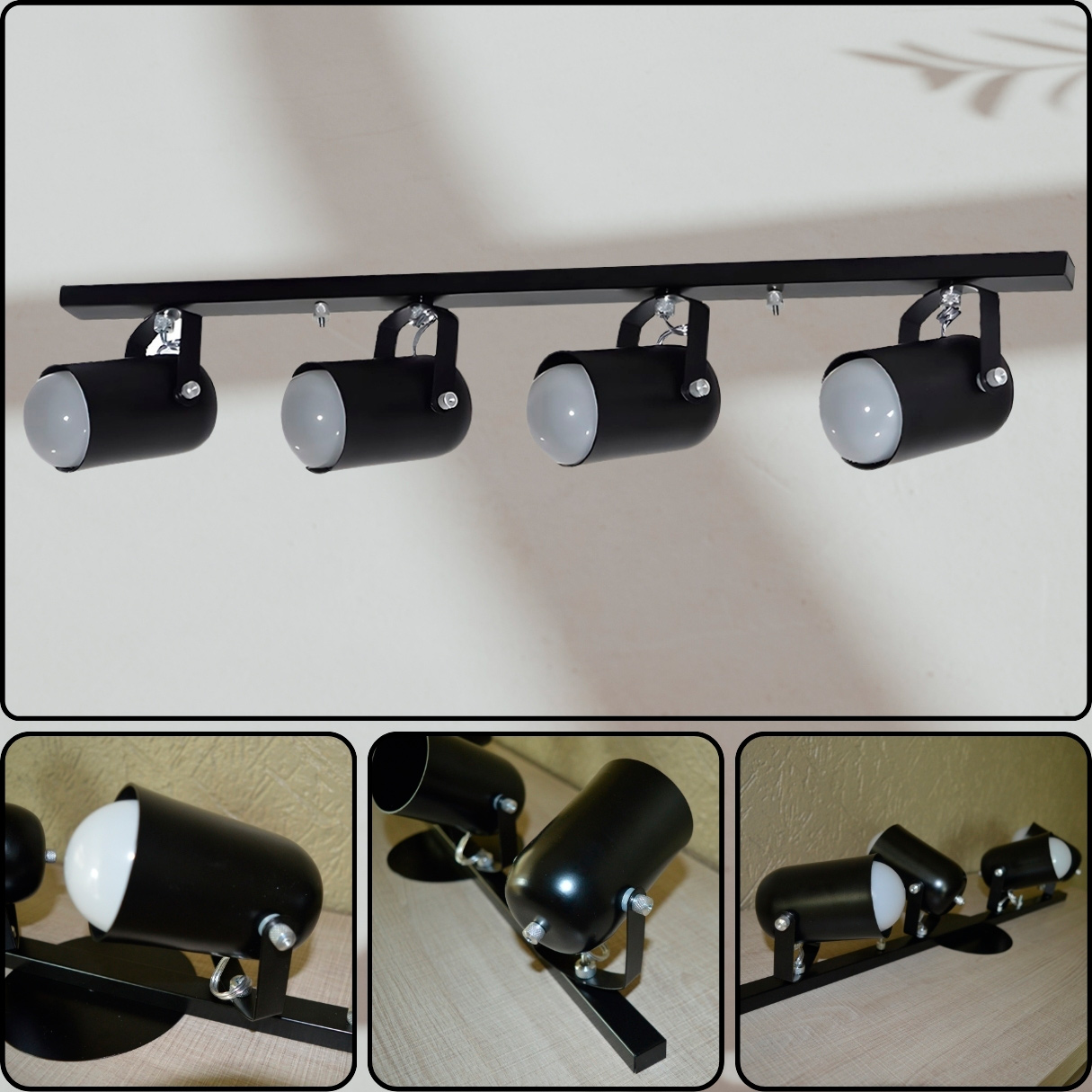 Trilho de 65cm com 04 Spots para 04 lâmpadas padrão E27 - Ideal para Sala, Quarto, Cozinha, Comércio - Bivolt 110v/220v - Preto