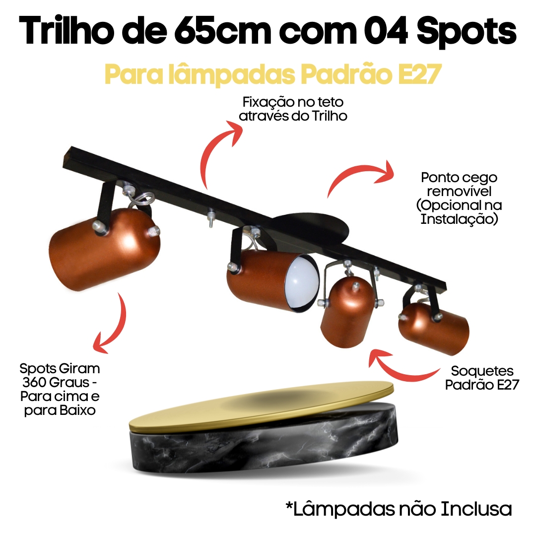 Trilho de 65cm com 04 Spots para 04 lâmpadas padrão E27 - Ideal para Sala, Quarto, Cozinha, Comércio - Bivolt 110v/220v - Preto com Cobre