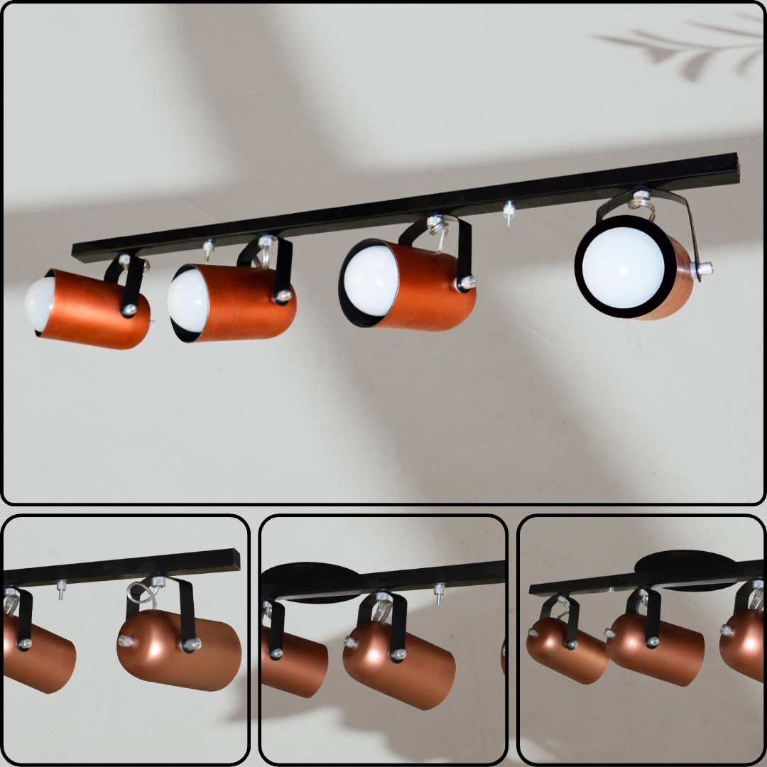 Trilho de 65cm com 04 Spots para 04 lâmpadas padrão E27 - Ideal para Sala, Quarto, Cozinha, Comércio - Bivolt 110v/220v - Preto com Cobre