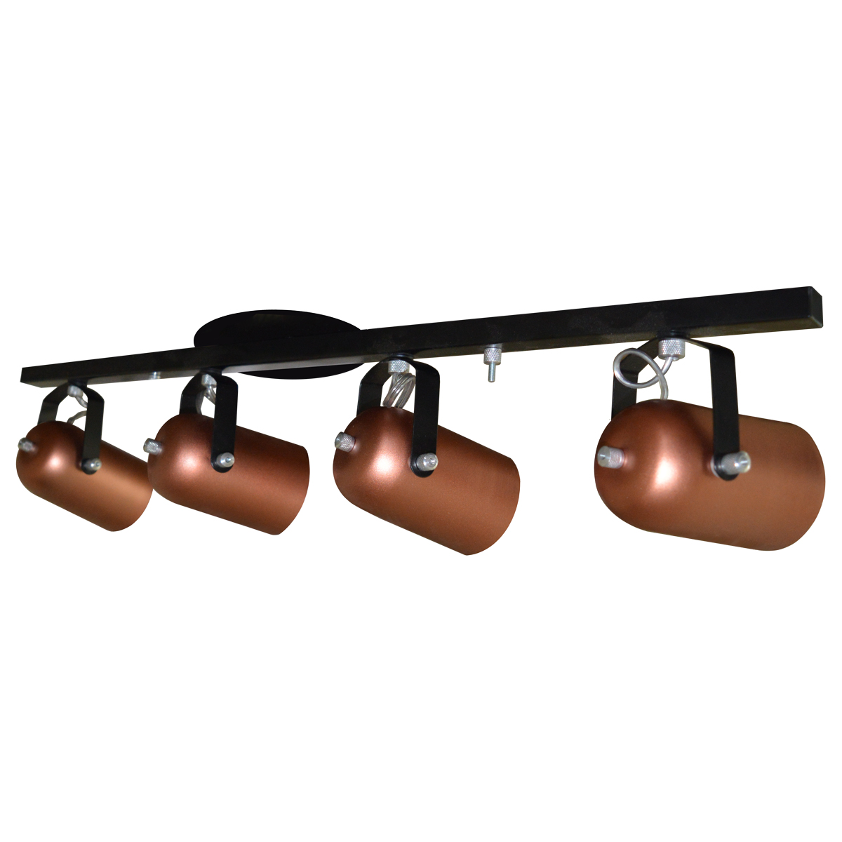 Trilho de 65cm com 04 Spots para 04 lâmpadas padrão E27 - Ideal para Sala, Quarto, Cozinha, Comércio - Bivolt 110v/220v - Preto com Cobre
