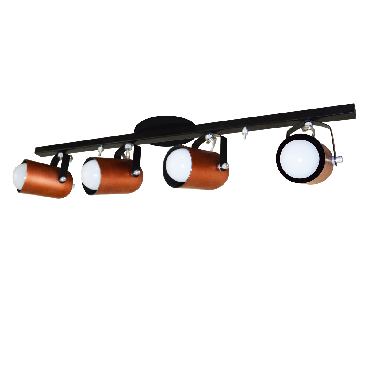 Trilho de 65cm com 04 Spots para 04 lâmpadas padrão E27 - Ideal para Sala, Quarto, Cozinha, Comércio - Bivolt 110v/220v - Preto com Cobre