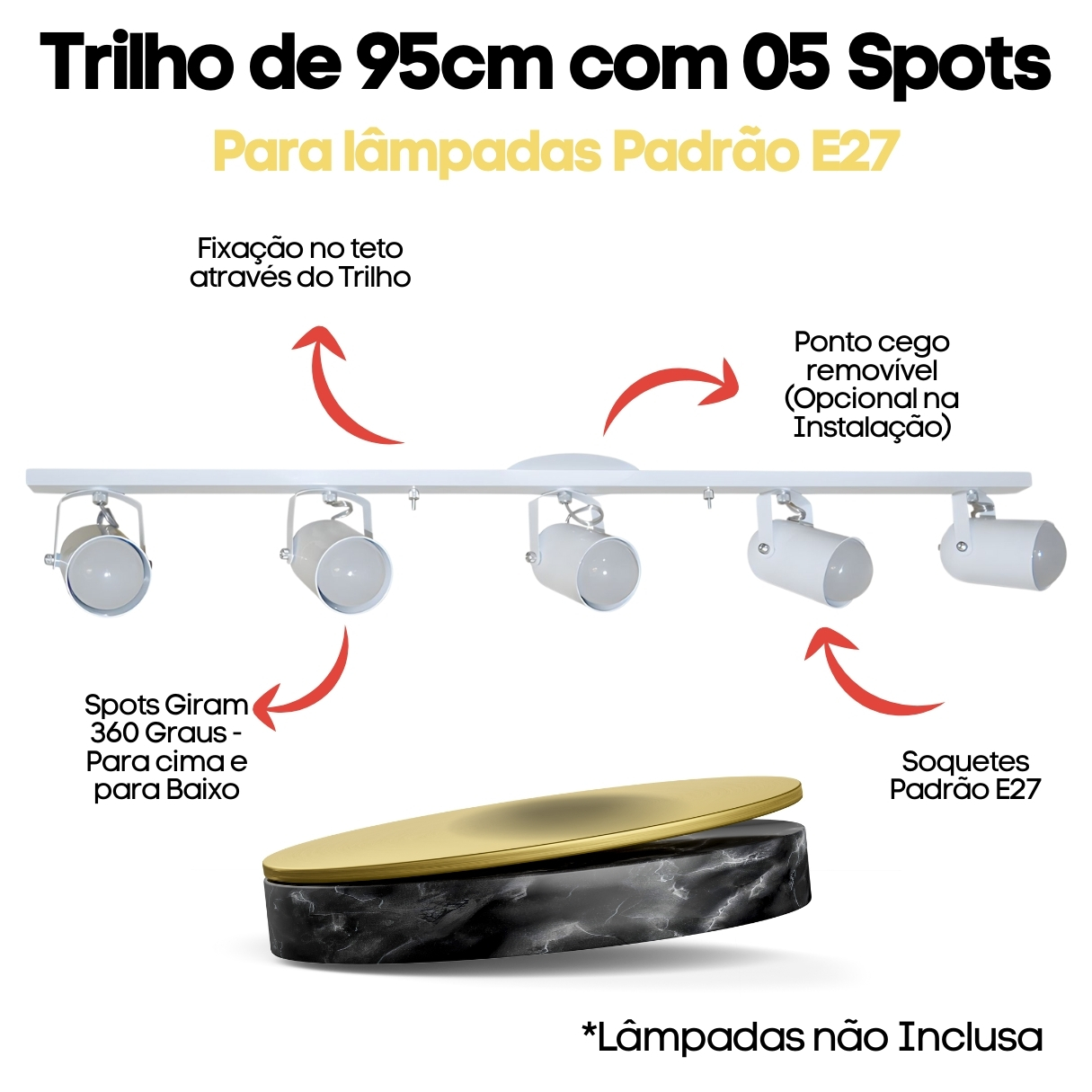 Trilho de 95cm com 05 Spots para 05 lâmpadas padrão E27 - Ideal para Sala, Quarto, Cozinha, Comércio - Bivolt 110v/220v - Branco