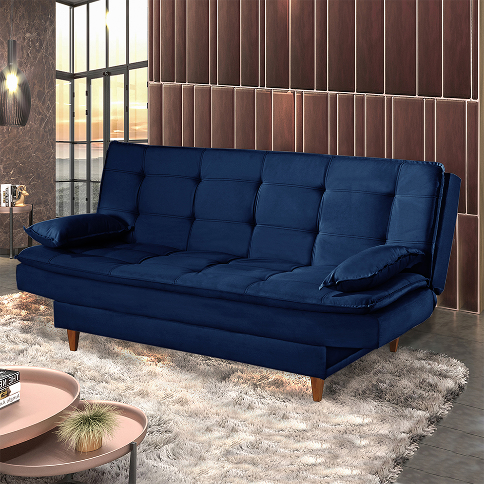 Sofá-Cama Casal 3 Lugares Dinorá Suede Azul