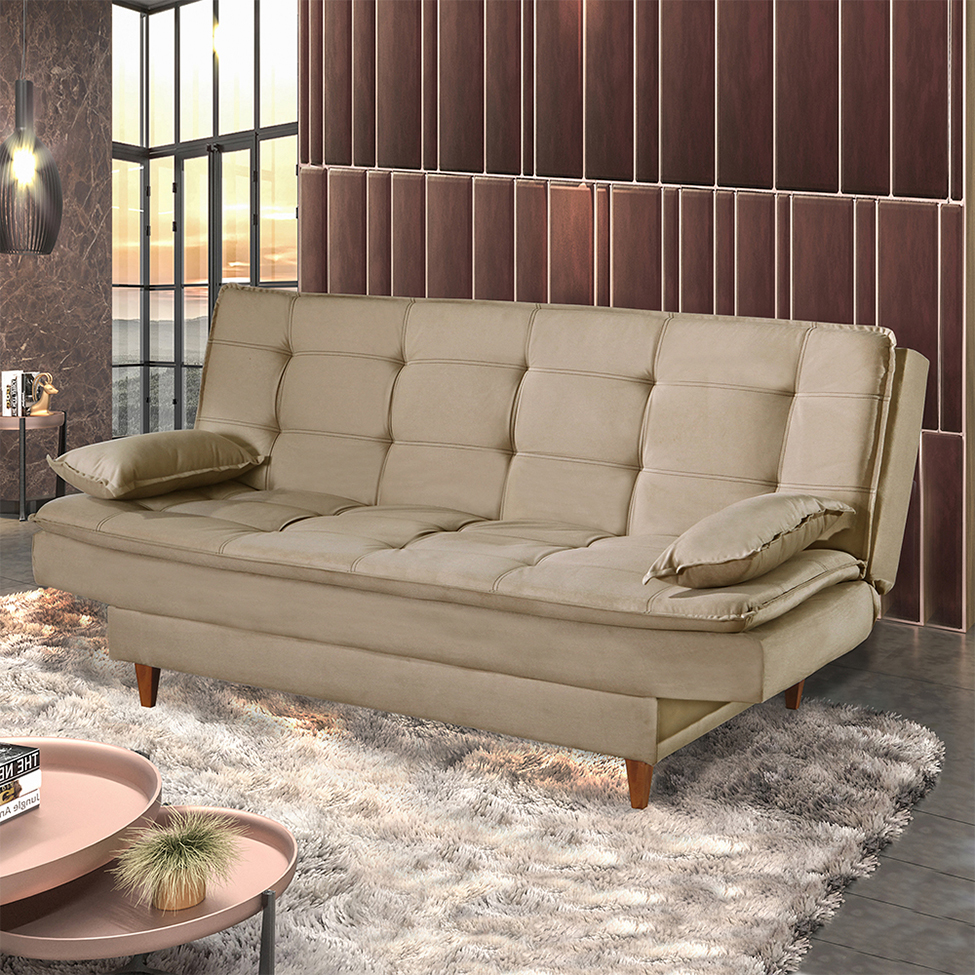 Sofá-Cama Casal 3 Lugares Dinorá Suede Bege