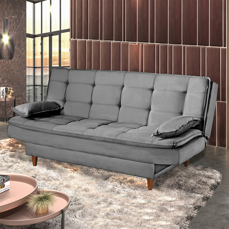 Sofá-Cama Casal 3 Lugares Dinorá Suede Cinza