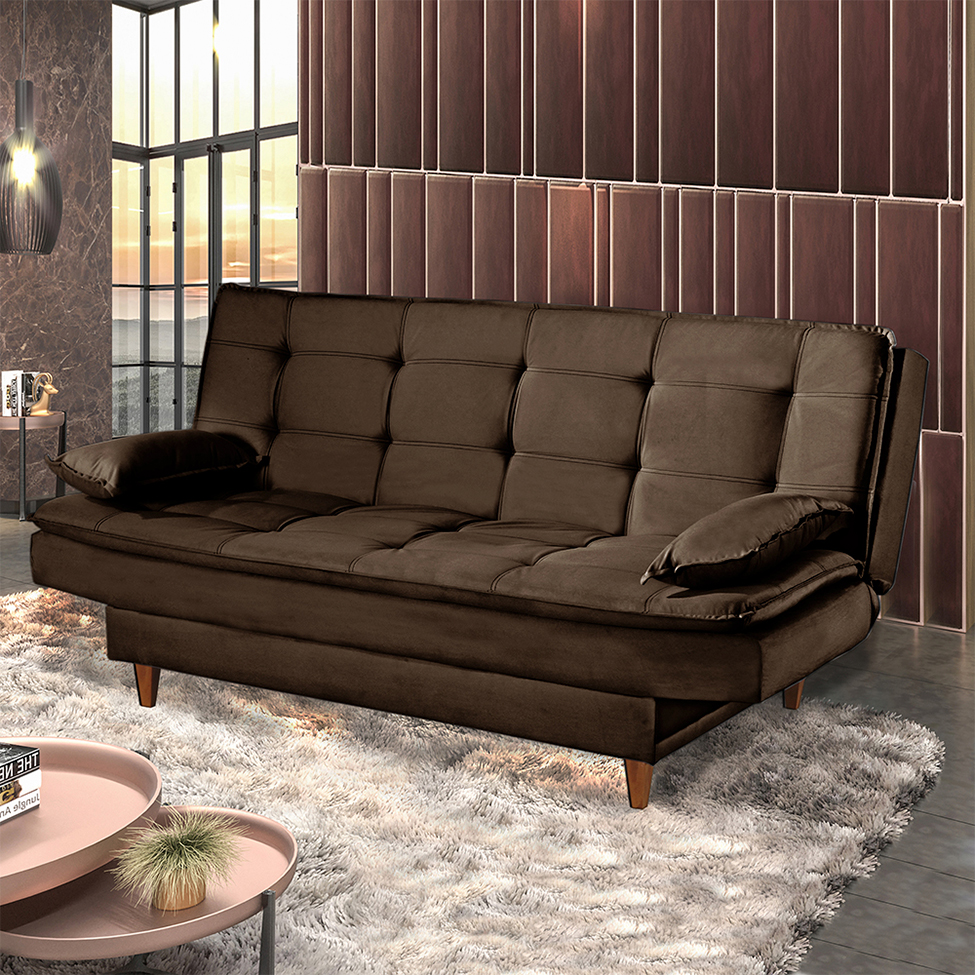 Sofá-Cama Casal 3 Lugares Dinorá Suede Marrom