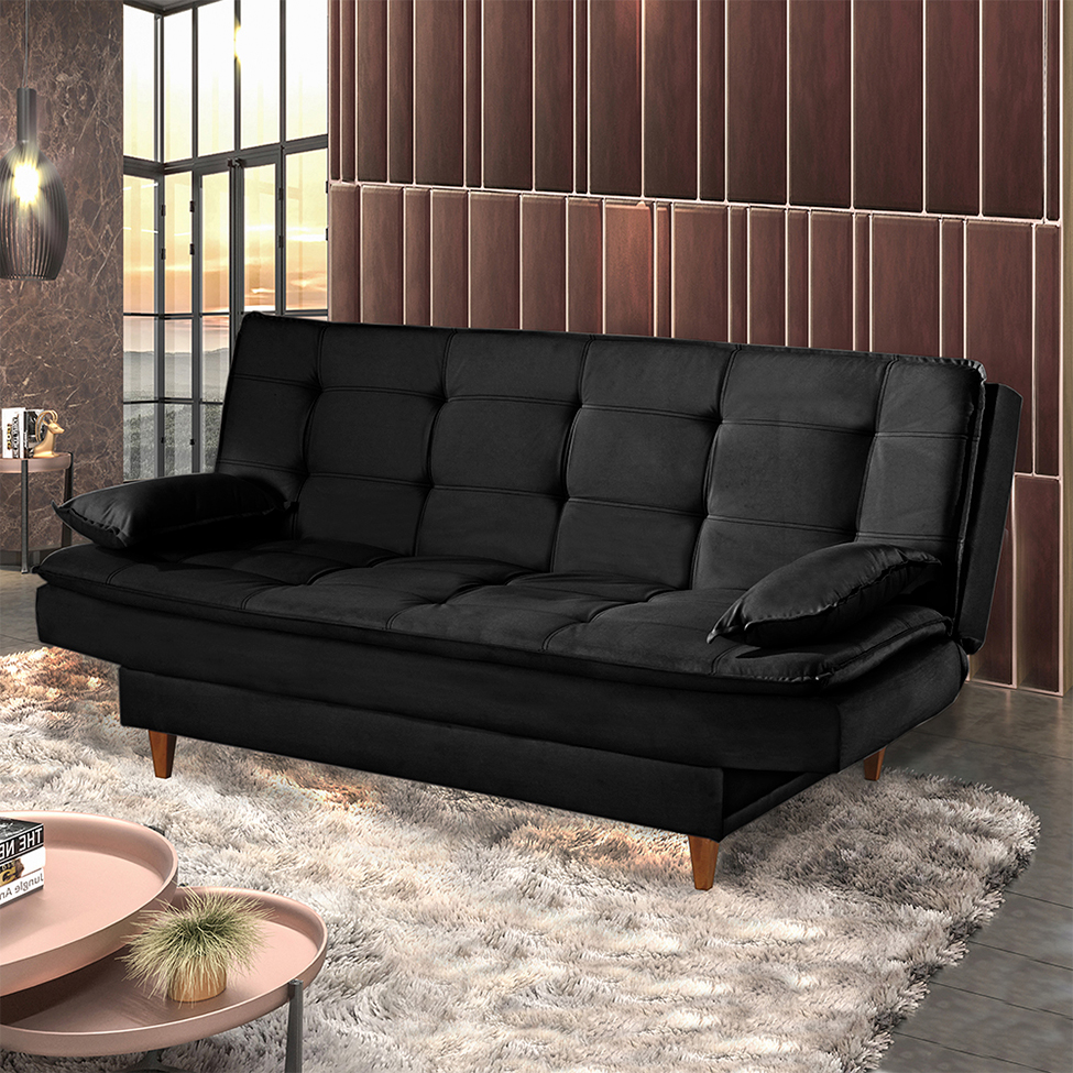 Sofá-Cama Casal 3 Lugares Dinorá Suede Preto