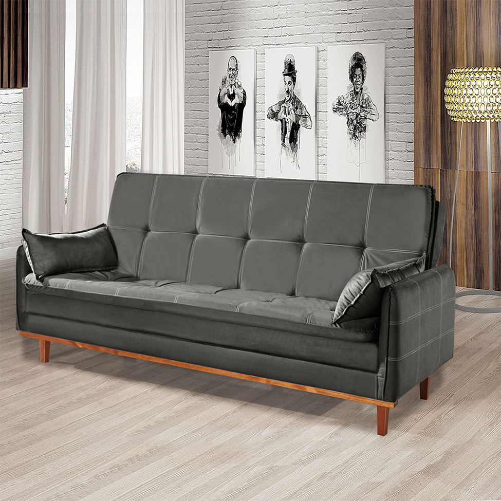Sofá-Cama Casal 3 Lugares Tokio Suede Cinza