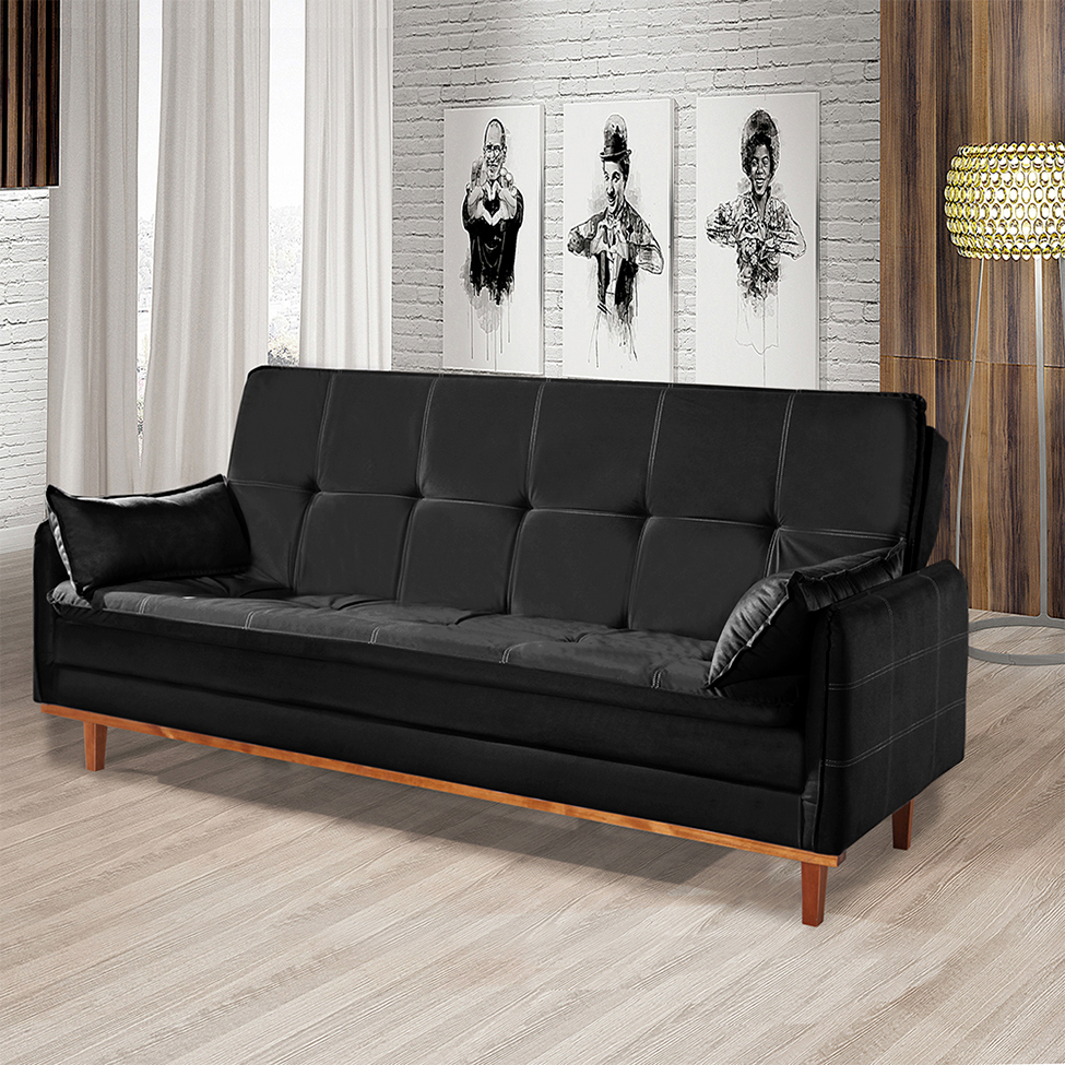 Sofá-Cama Casal 3 Lugares Tokio Suede Preto