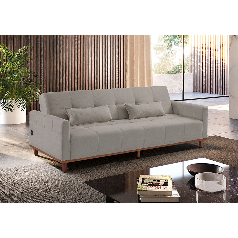 Sofá-Cama Casal 3 Lugares com USB Noronha Linho Bege Claro