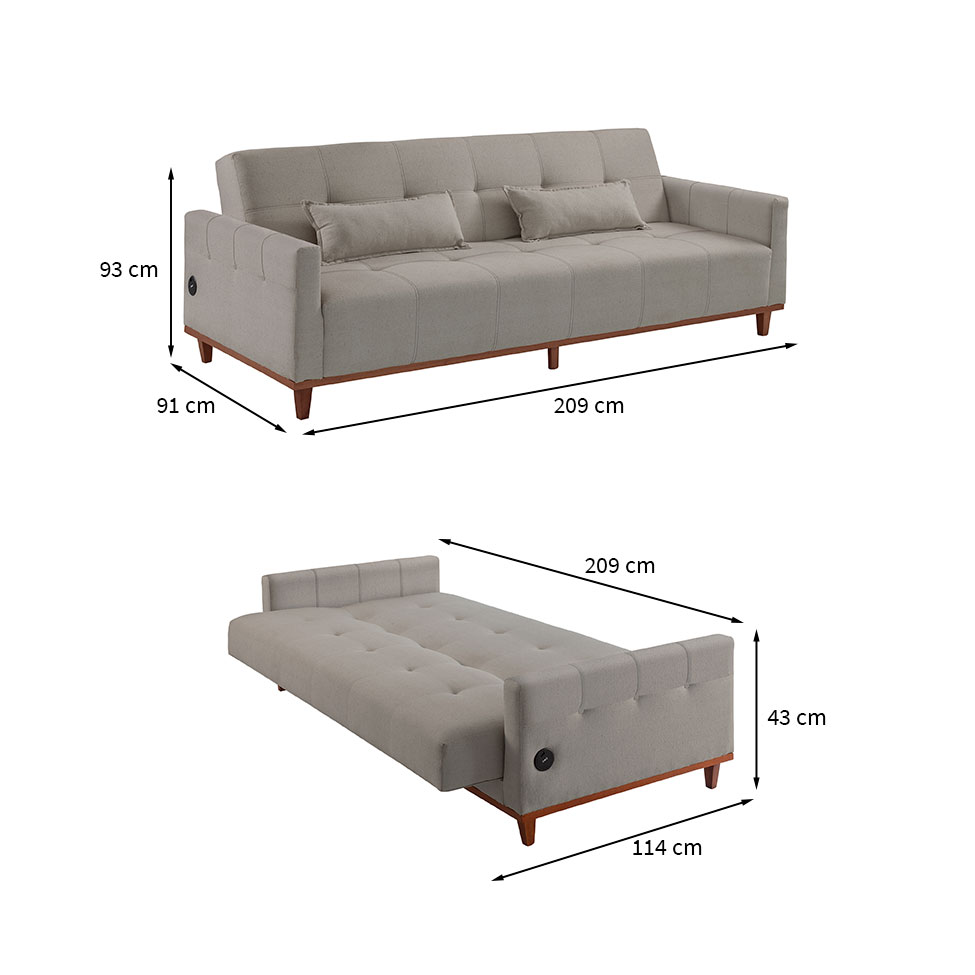 Sofá-Cama Casal 3 Lugares com USB Noronha Linho Bege Claro