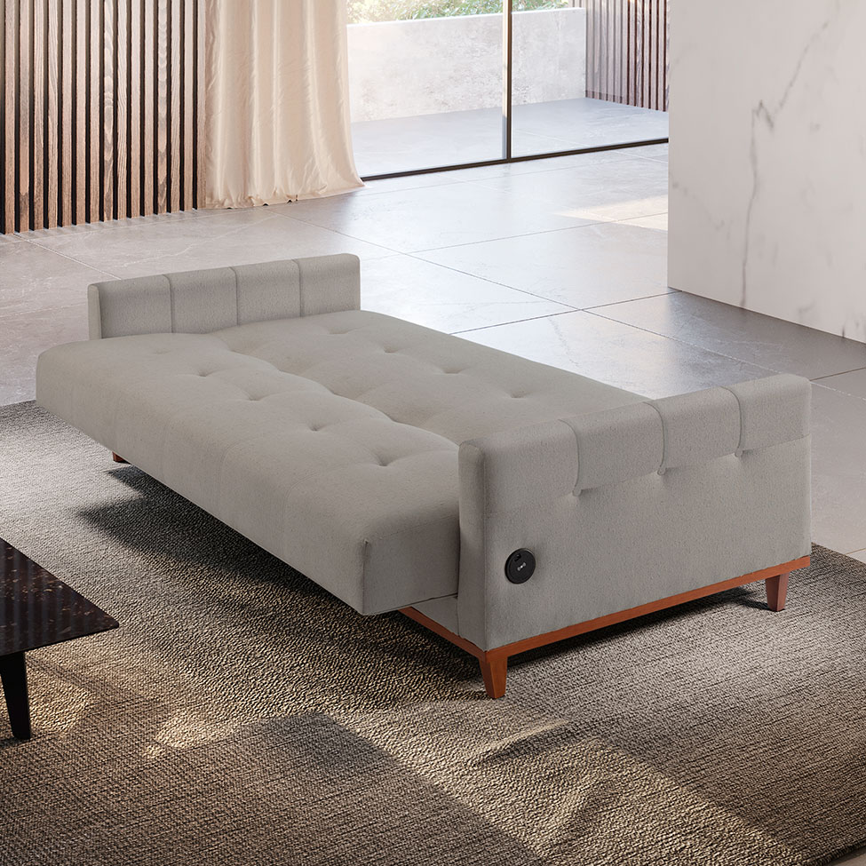 Sofá-Cama Casal 3 Lugares com USB Noronha Linho Bege Claro